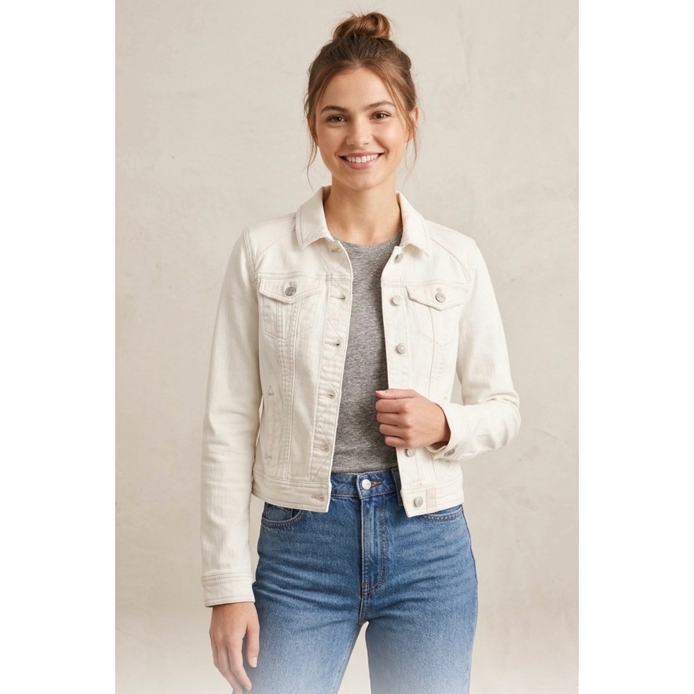 Pilcro and the Letterpress Cream Denim Trucker Jacket XS Off White Stretch